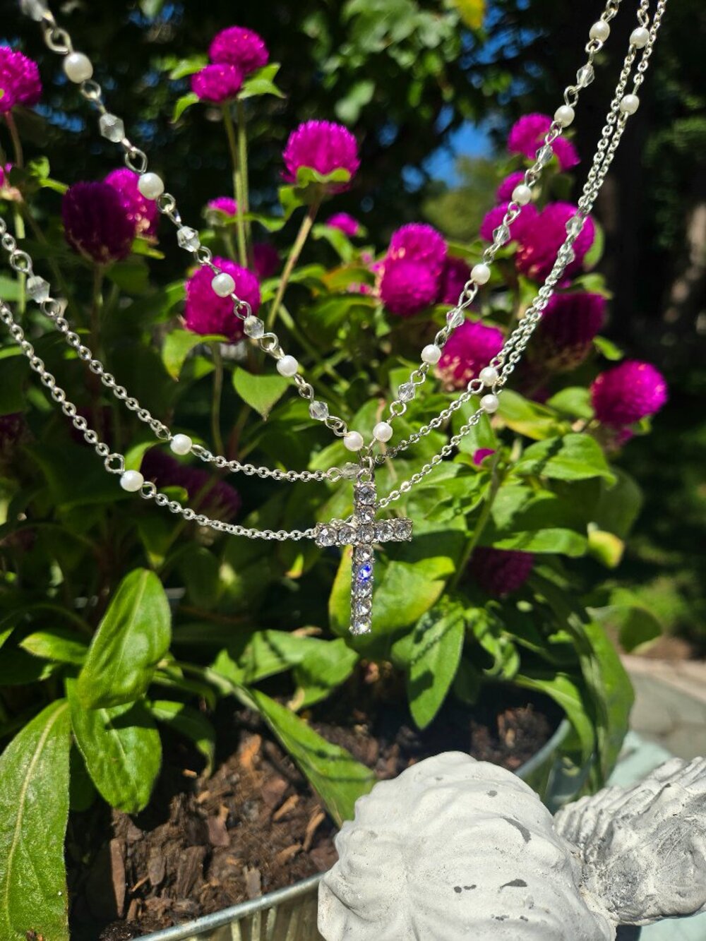 Vintage Y2K Silver Rhinestone Cross Multi Layer Layered 3 Chain Pearl Necklace - Picture 9 of 9